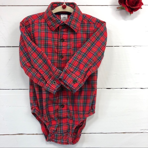Carter's Baby Boy Bodysuit Plaid Button Up Red 18M - Picture 8 of 8